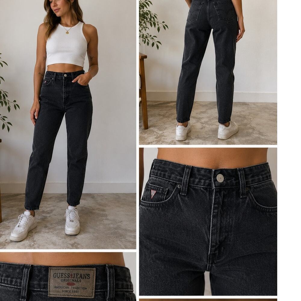Vintage Guess Jeans USA 050 Black Acid Wash Mom Jeans 26 High Rise Tapered